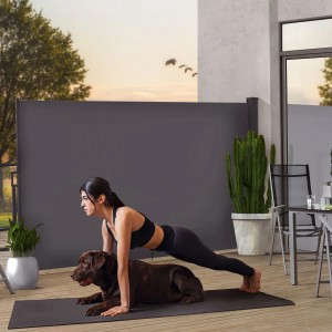 Frau macht Plank auf Matte, Hund liegt darunter, Juskys Seitenmarkise Dubai 300x160 cm Dunkelgrau im Hintergrund.