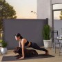 Frau macht Plank auf Matte, Hund liegt darunter, Juskys Seitenmarkise Dubai 300x160 cm Dunkelgrau im Hintergrund.