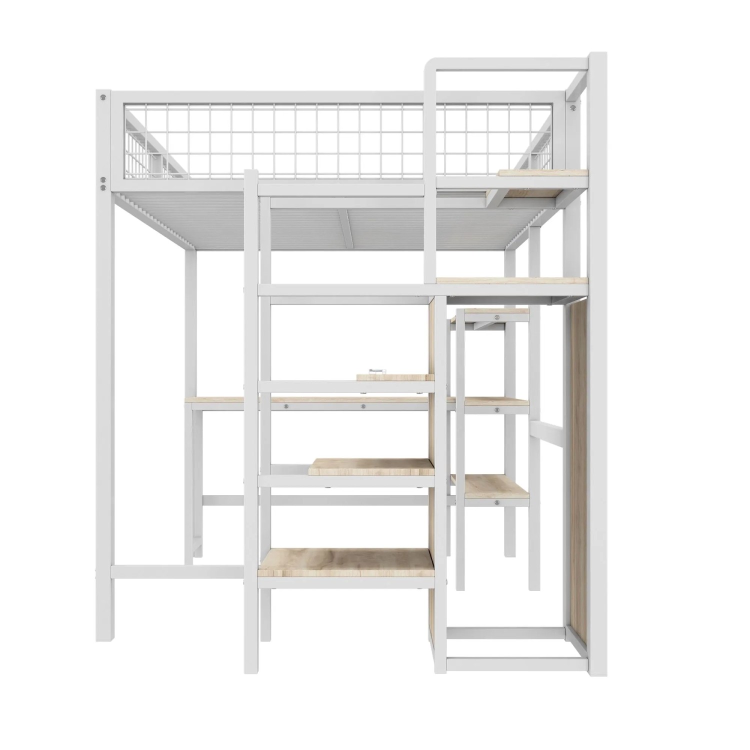 KOMHTOM Hochbett  140 x 200 Cm  Eisenbett  Leiter Mit Stauraum  Mehrere Regale  Matratze Nicht Enthalten  Einbauschrank  Schreibtisch  Weiß