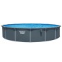 Bestway Hydrium Stahlwandpool-Set, Ø 732 cm, Holzoptik, grauer runder Pool mit blauem Wasser.