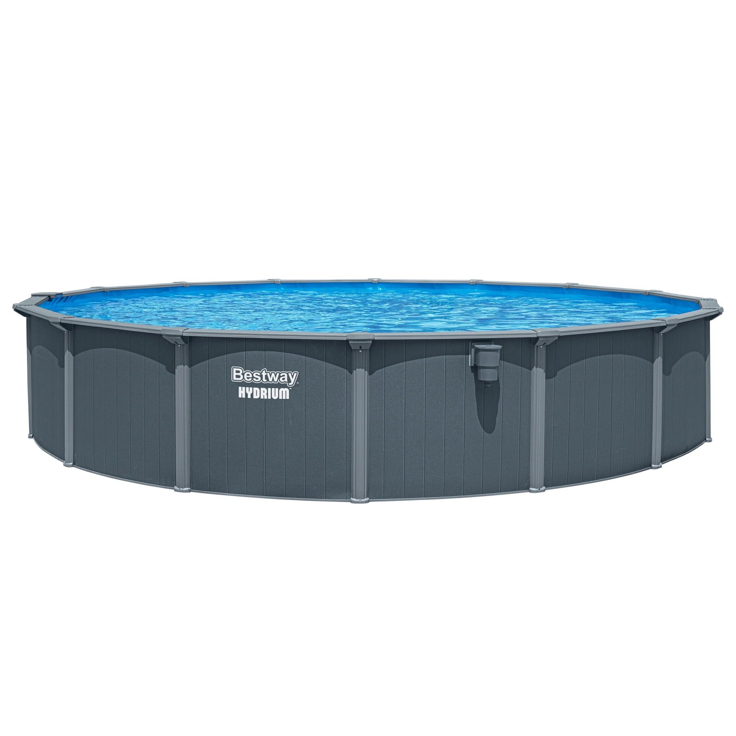 Bestway Hydrium Stahlwandpool-Set, Ø 732 cm, Holzoptik, grauer runder Pool mit blauem Wasser.