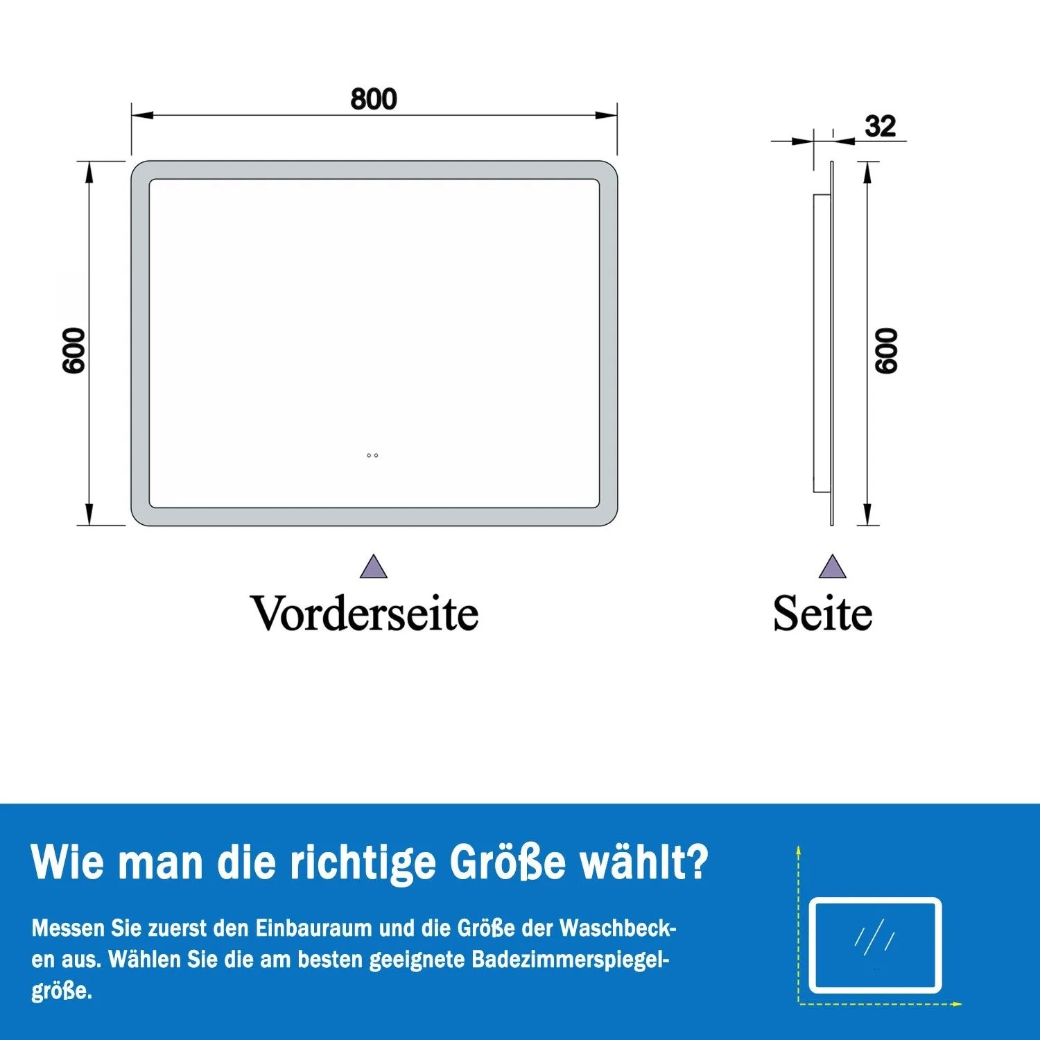 Aica Badspiegel 80x60 cm mit LED Beleuchtung, Sensor-Schalter und Maße. Ideal für jedes Badezimmer.