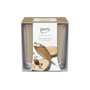 ipuro ESSENTIALS Duftkerze Cedar Wood 125g im Glas mit Holzdekor.