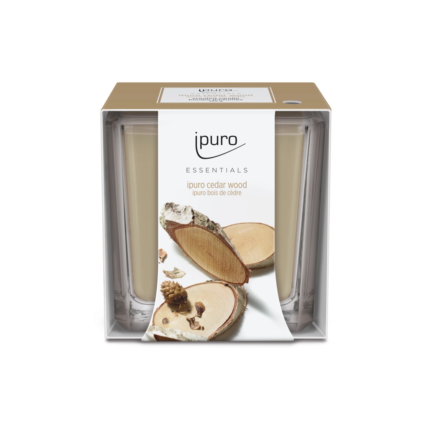 ipuro ESSENTIALS Duftkerze Cedar Wood 125g im Glas mit Holzdekor.