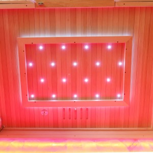 Innenansicht Dewello Infrarotkabine Saltcoats mit Vollspektrumstrahler und Salzsteinwand.