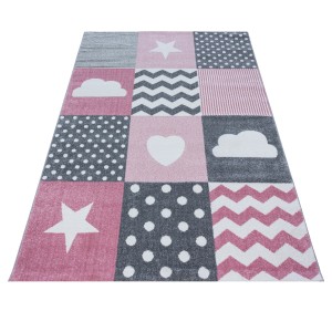 Ayyildiz Kinderteppich Kids 620 Pink, 160x230 cm mit Stern-, Wolken- und Herzmotiven.