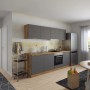 Moderne Held Möbel Küchenzeile 240 cm in Grau-Wotaneiche Optik mit E-Geräten.