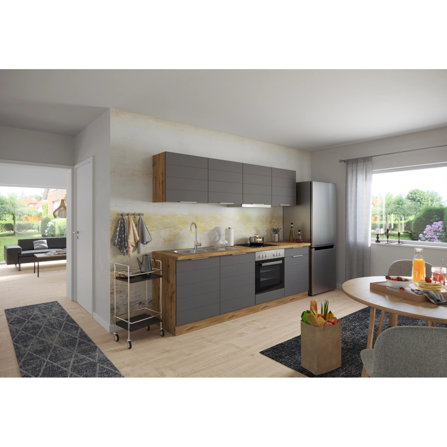 Moderne Held Möbel Küchenzeile 240 cm in Grau-Wotaneiche Optik mit E-Geräten.