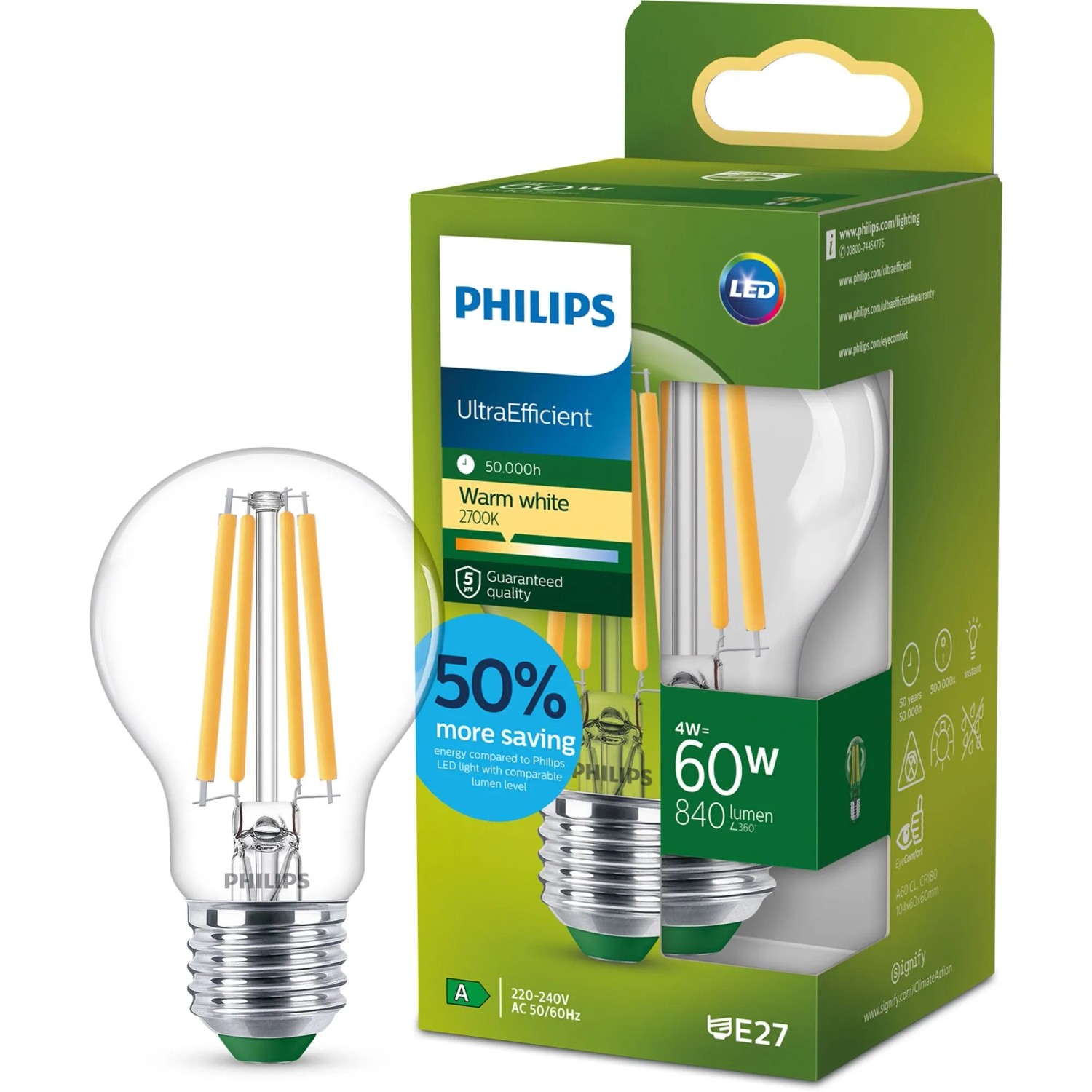 Philips LED-Leuchtmittel ultraeffizient E27 Glühlampenform 4W 840lm Klar