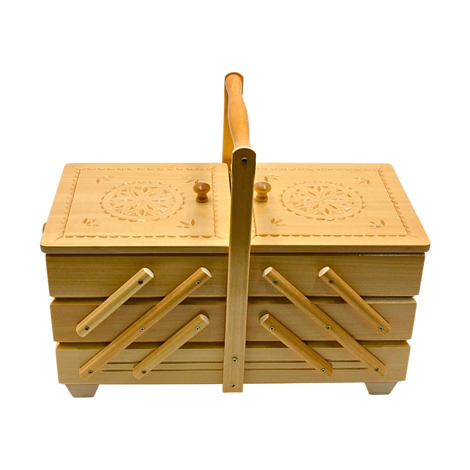 Dekohelden24 Hochwertiger Nähkasten Nähkästchen aus Furnierholz mit 7 Fächern und Holzornament in Natur L/B/H 42 x 20 x 21 cm