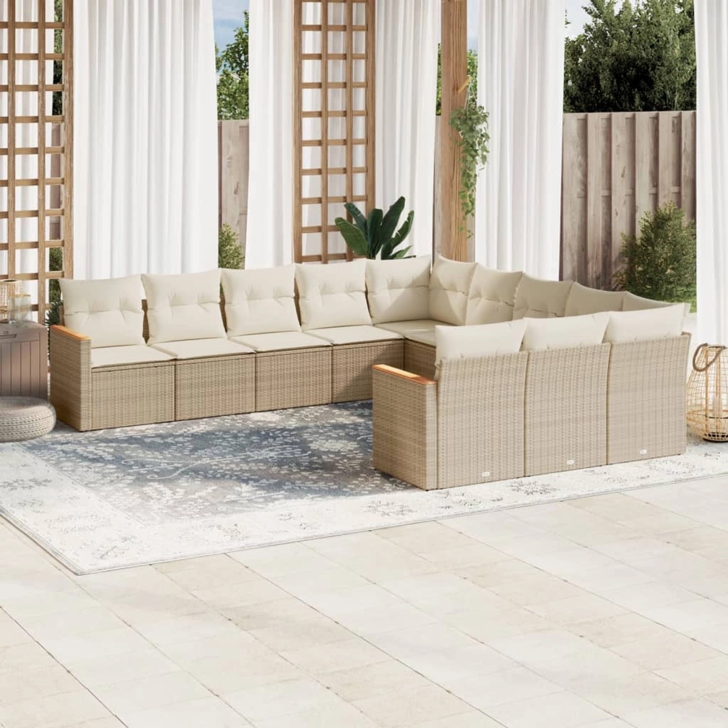 Beige 11-tlg. Garten-Sofagarnitur aus Rattan mit Kissen für Terrasse und Garten.