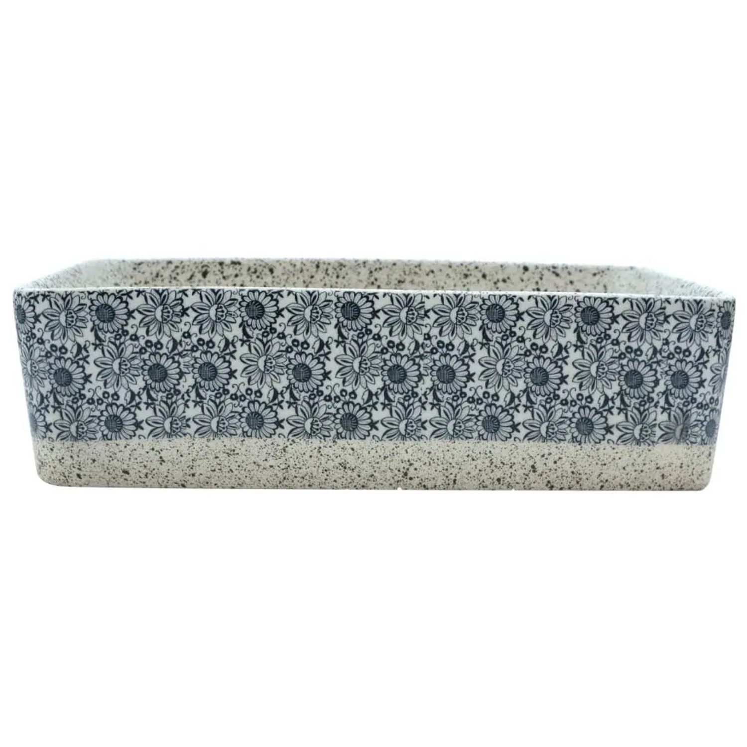 Rechteckiges Aufsatzwaschbecken, grau-blau mit Blumenmuster, 46x35,5x13cm, Keramik.