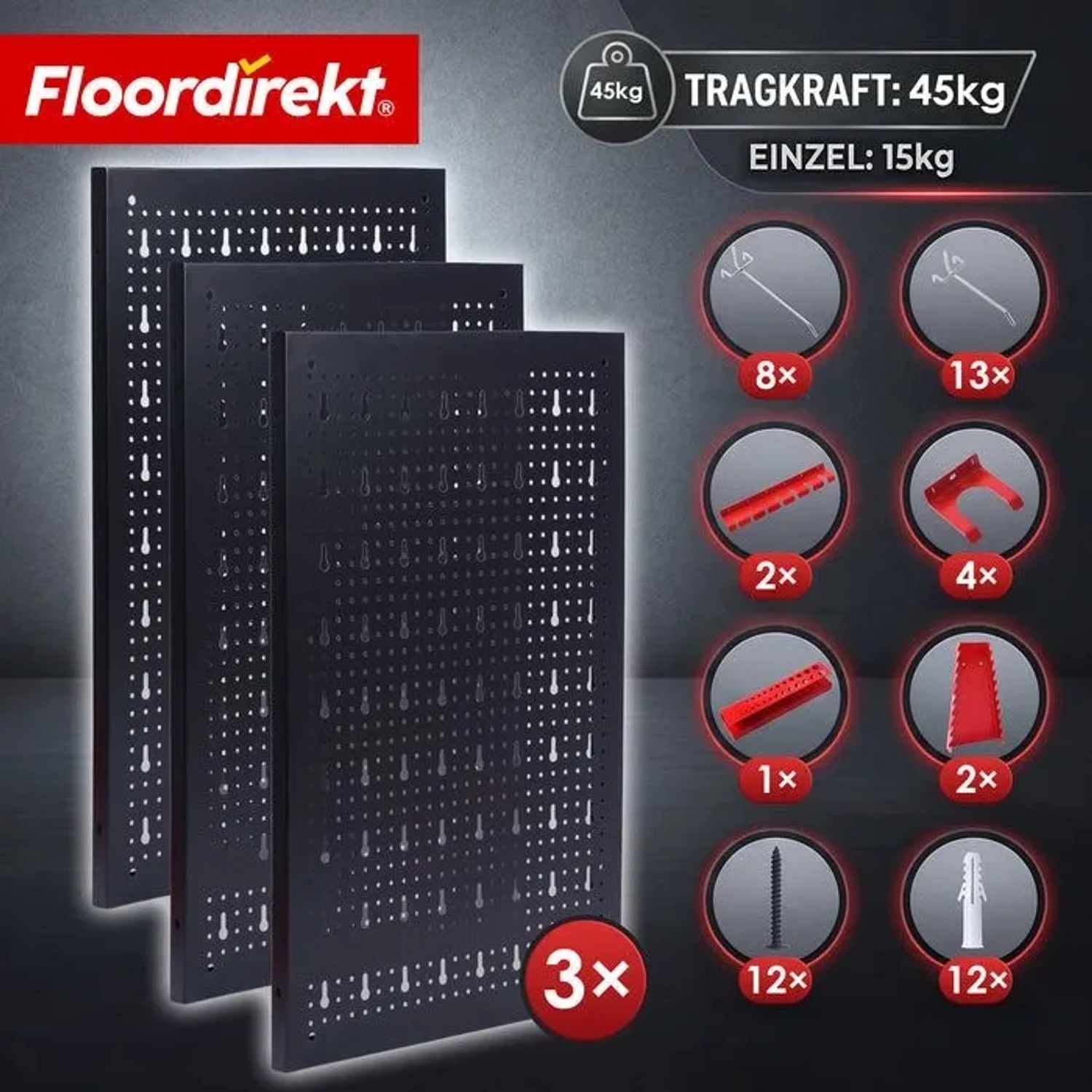 Floordirekt Werkzeugwand Parker, 3 Lochplatten schwarz-rot mit Werkzeughalter-Set.