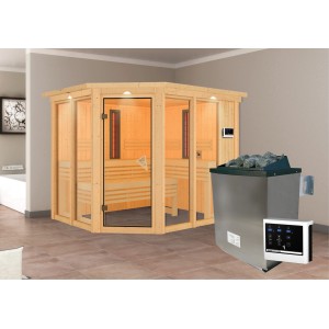 Karibu Infrarotkabine Anka mit Ofen, Infrarotstrahlern und LED-Dachkranz in Naturholzoptik.
