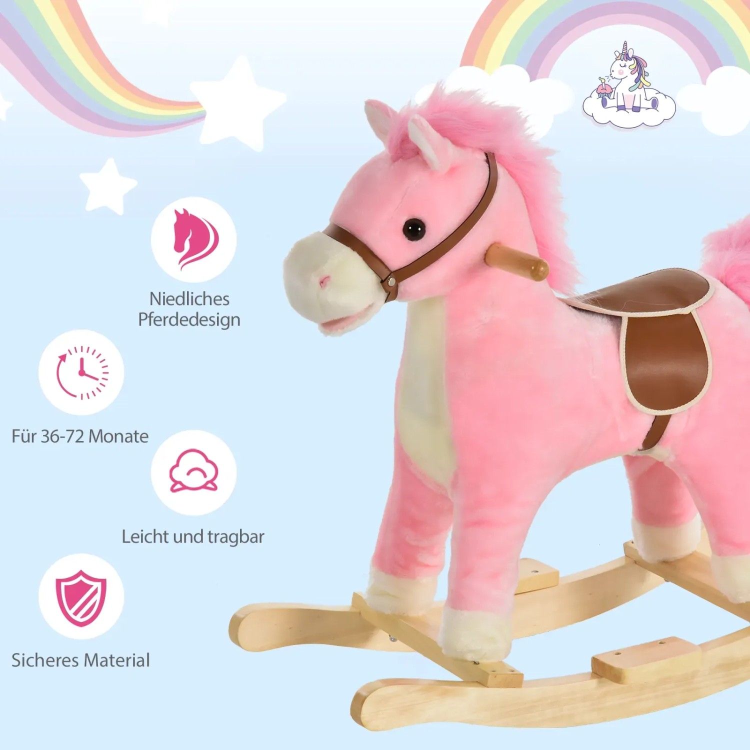 Rosa HOMCOM Schaukelpferd mit Haltegriffen und Sattel für Kinder.