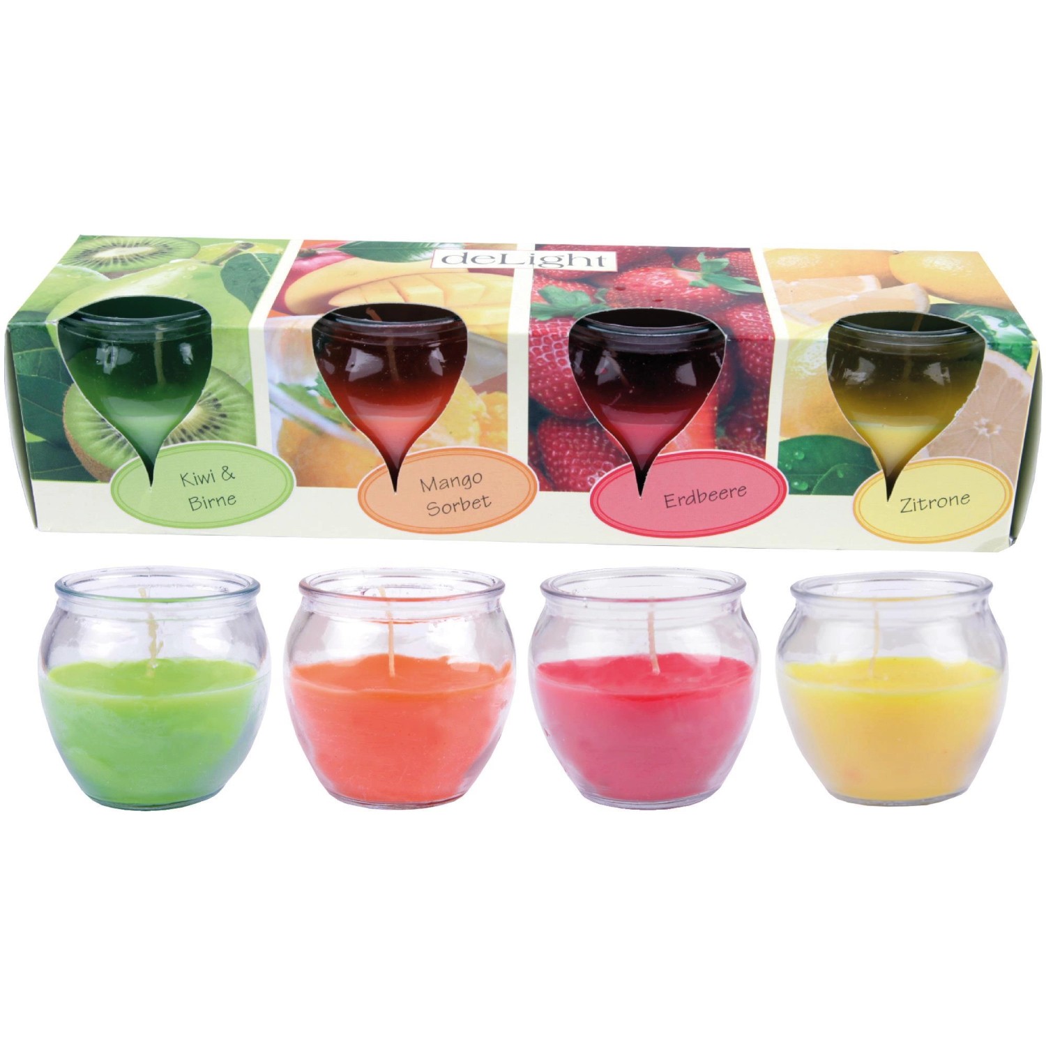 HS Candle Duftkerzen Selection, 12er Pack Fruit Selection mit Kiwi, Mango, Erdbeere und Zitrone.
