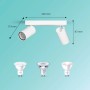 Weißer Philips Idris Deckenstrahler mit zwei schwenkbaren GU10 Spots. Modernes, spritzwassergeschütztes Design. GU10 Leuchtmittel Beispiele.