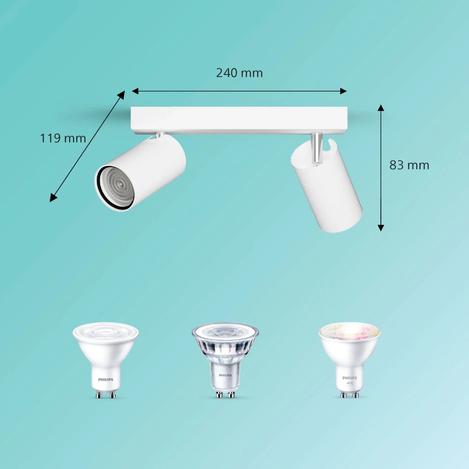 Weißer Philips Idris Deckenstrahler mit zwei schwenkbaren GU10 Spots. Modernes, spritzwassergeschütztes Design. GU10 Leuchtmittel Beispiele.