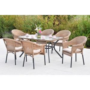 Merxx Ravenna Gartenmöbel-Set, 13-teilig: 6 Stapelsessel, 6 Kissen, Tisch 150x85 cm, Naturfarbenes Kunststoffgeflecht.