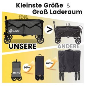 Sekey Bollerwagen, faltbar, grau, 150L vs. 80L, klein gefaltet. Ideal für Camping & Freizeit.