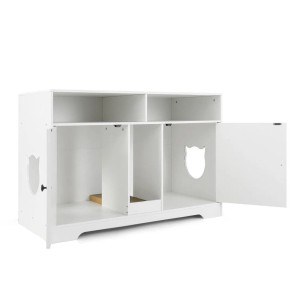 Weißer Costway Katzenschrank mit Doppelräumen, Katzenkopf-Eingängen und offener Tür. Funktionales Katzenhaus & Beistelltisch.