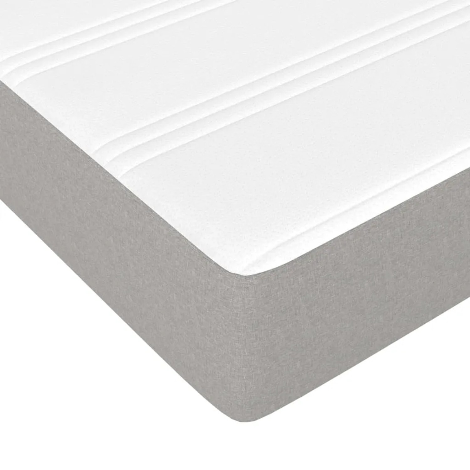 Detailansicht Boxspringbett vidaXL, hellgrauer Stoff, weiße Matratze mit Steppung.