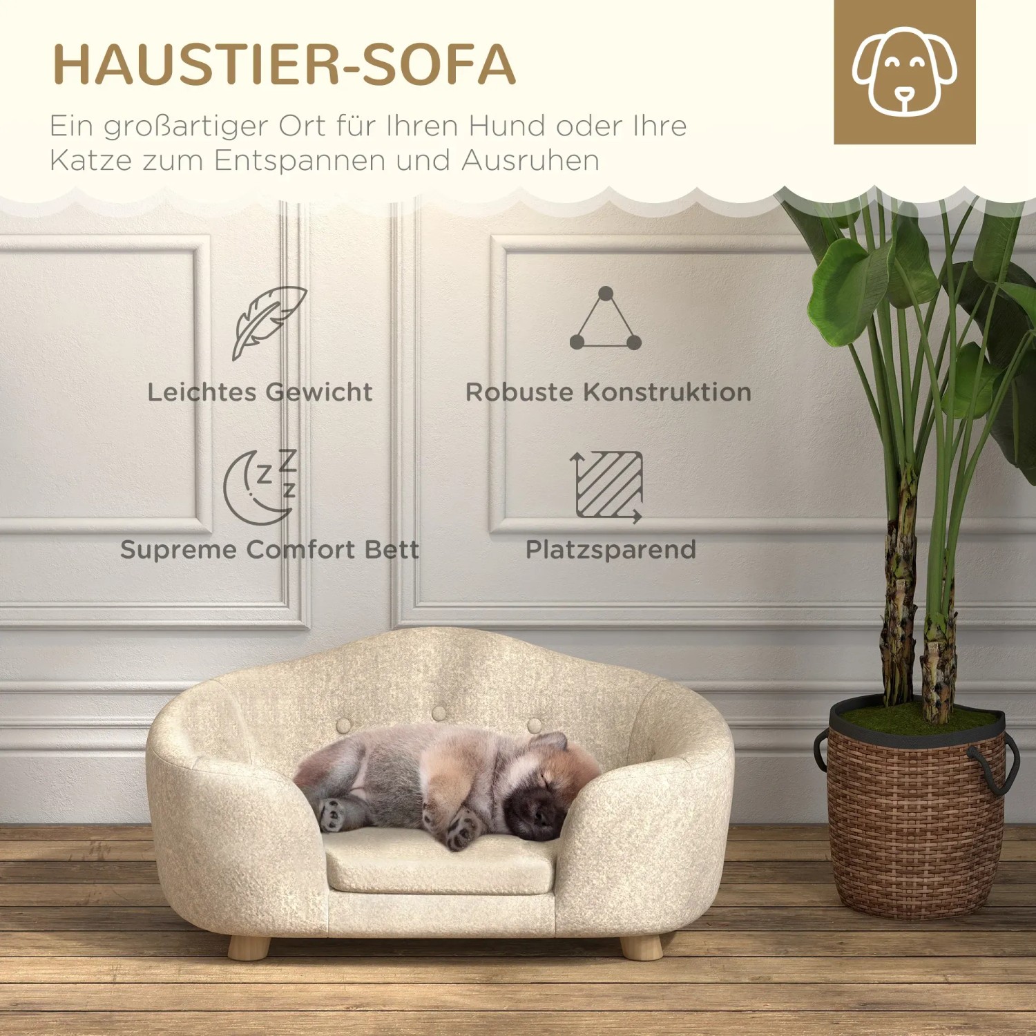 Beiges PawHut Hundebett mit Kissen und Rückentasche, ein gemütlicher Schlafplatz für Hunde.