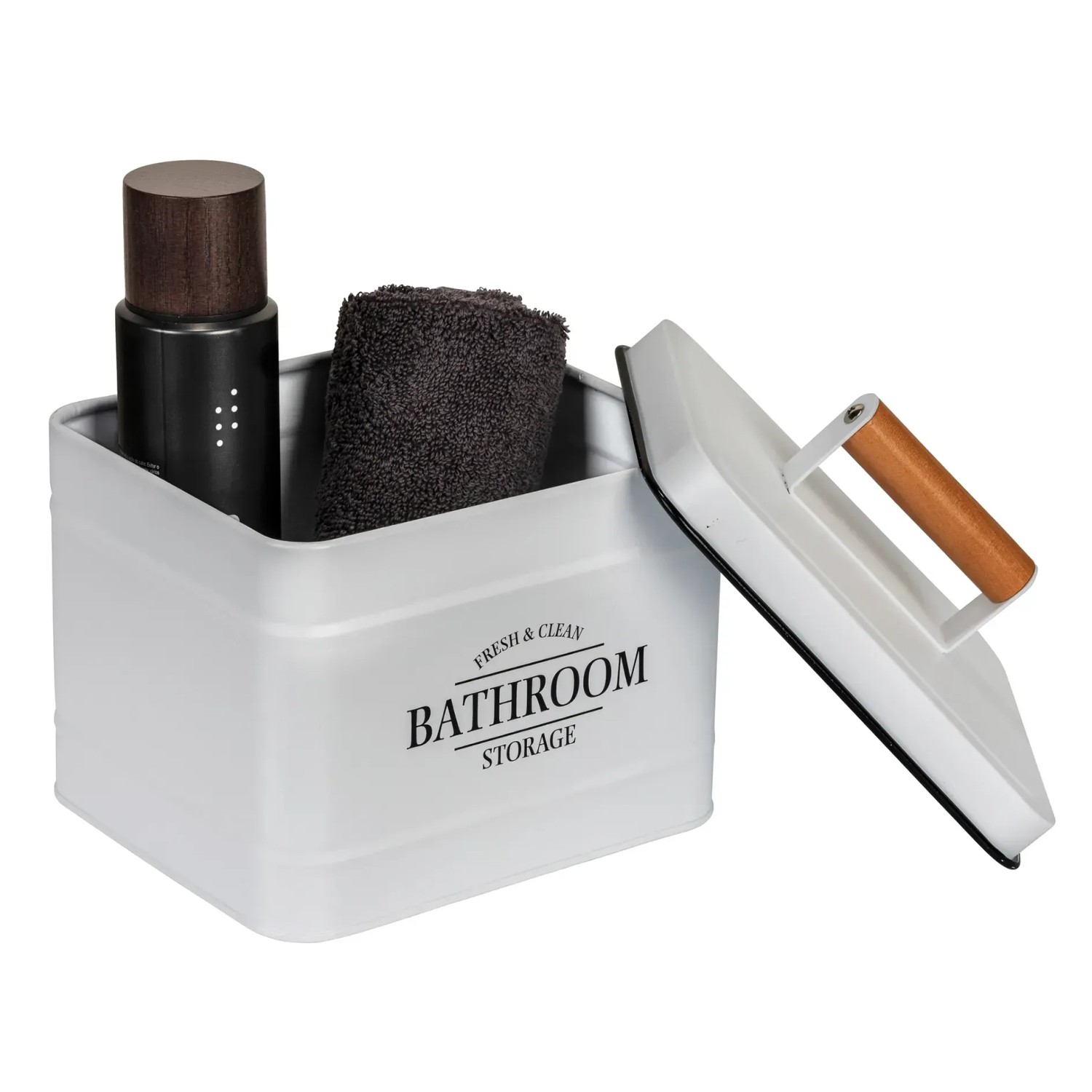 Weiße Wenko Badbox Pali mit Deckel und Bambusgriff, gefüllt mit Badutensilien.