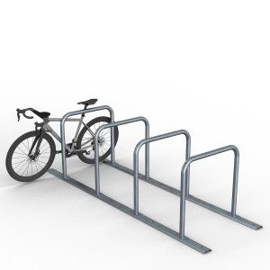 Schake Fahrradanlehnbügel Reihenanlage, feuerverzinkt, mit 4 Stellplätzen und einem Fahrrad.