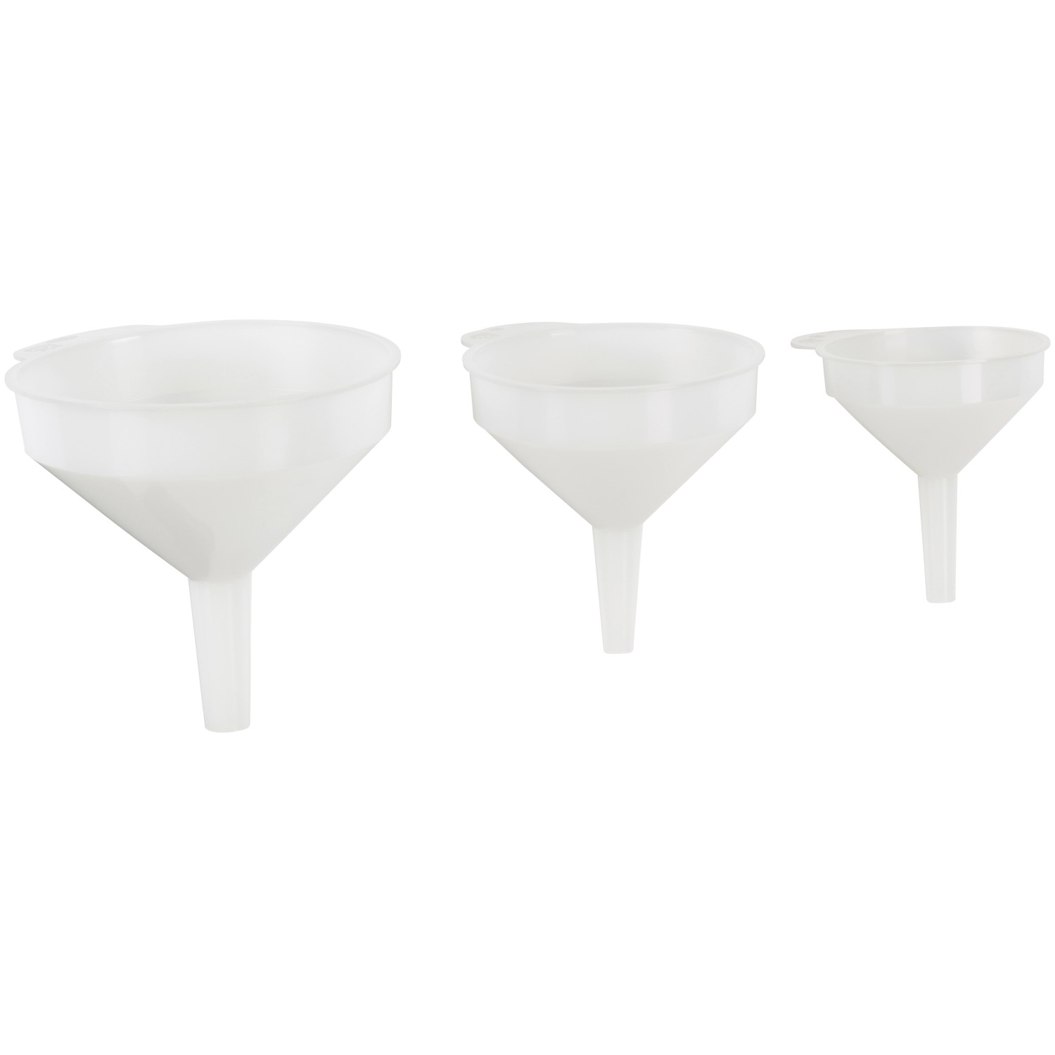3-teiliger Trichtersatz aus Kunststoff in verschiedenen Größen für tropffreies Umfüllen.