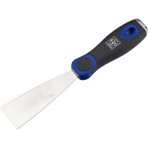 LUX Universalspachtel Flexibel, 4 cm breit, mit blau-schwarzem Griff und rostfreier Stahlklinge.
