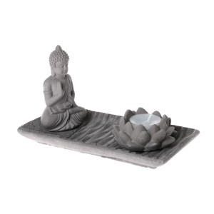Graue Buddha Deko-Figur mit Lotus Teelichthalter aus Beton für Garten & Terrasse.
