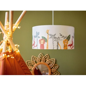 Kinder-Deckenleuchte Safari Adventure mit buntem Tierprint, Ø 40 cm. Pendelleuchte für das Kinderzimmer.