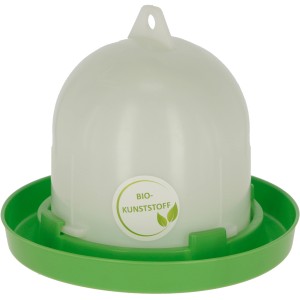 Bio-Kunststofftränke, 3,5 l, für Hühner, weißer Behälter mit grüner Schale.