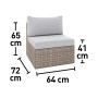 Lounge-Sessel Olea, Sandfarbenes Polyrattan mit hellgrauen Kissen und Maßangaben.