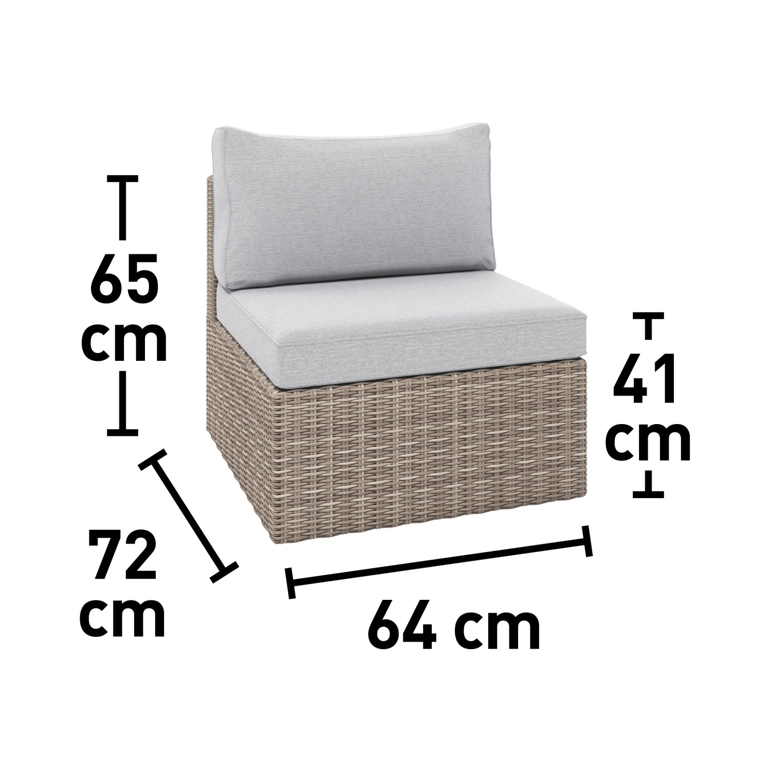 Lounge-Sessel Olea, Sandfarbenes Polyrattan mit hellgrauen Kissen und Maßangaben.