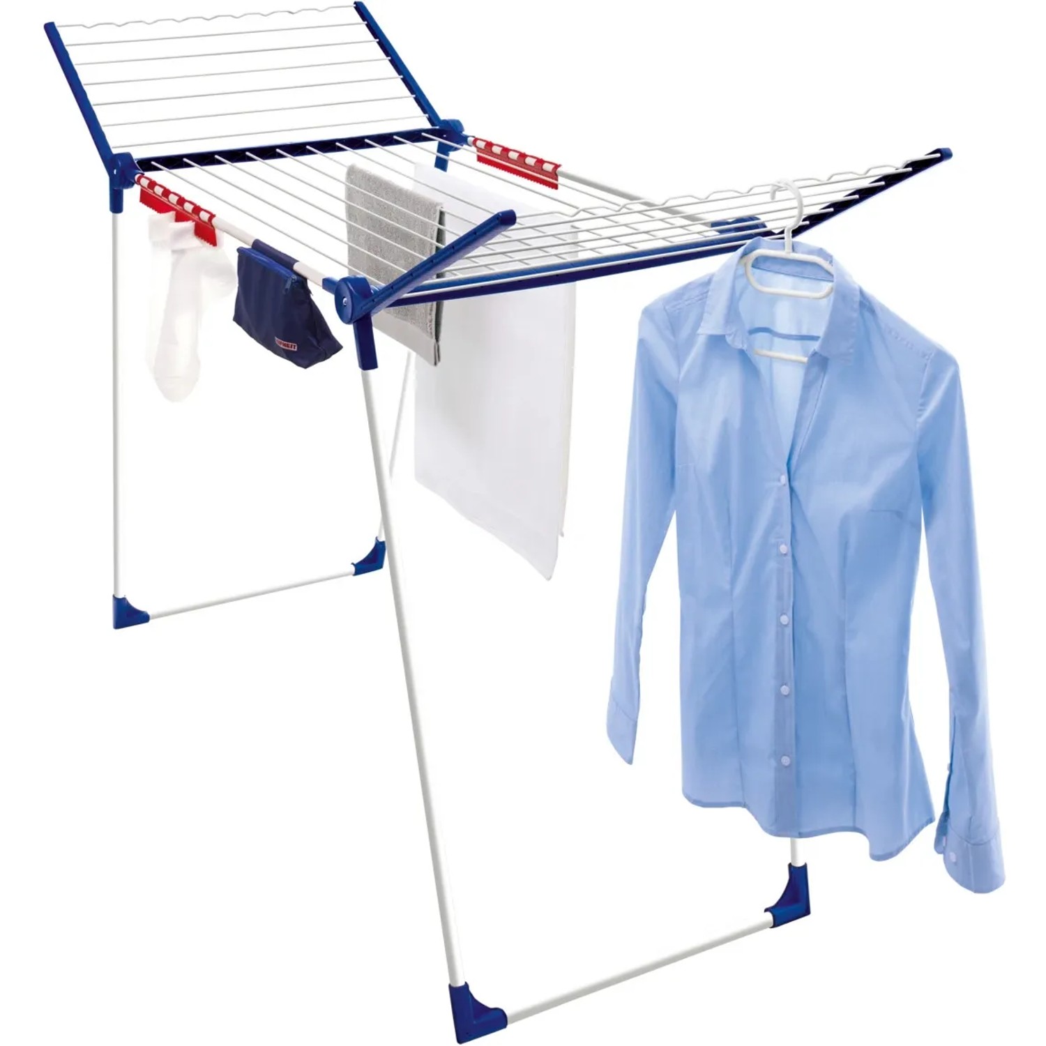 Leifheit Wäscheständer Pegasus 200 Solid Comfort mit Zubehör und aufgehängtem Hemd.