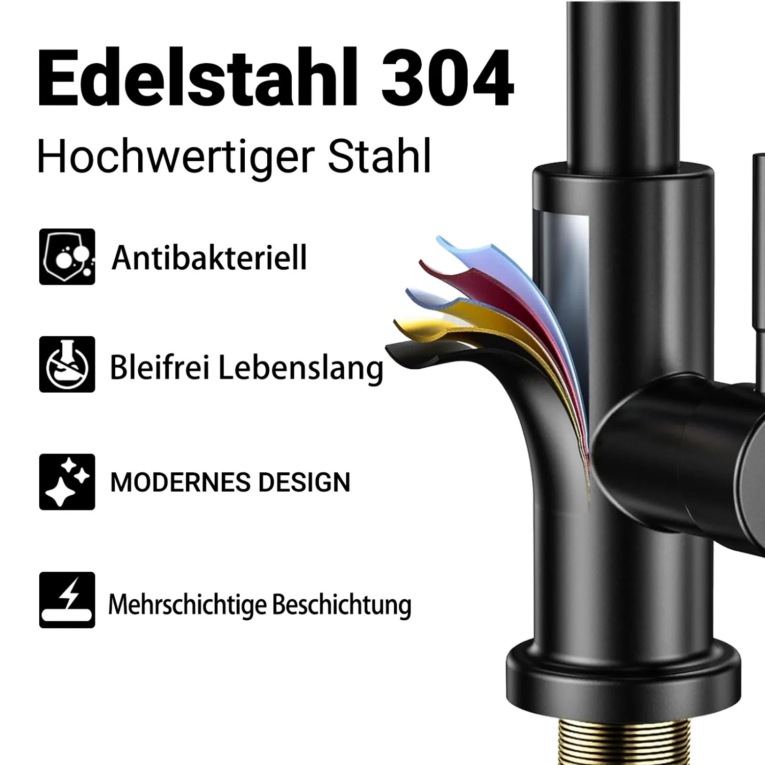 AICA Küchenarmatur mit Brause Schwarz Ausziehbar 360° Drehbar Einhand ...