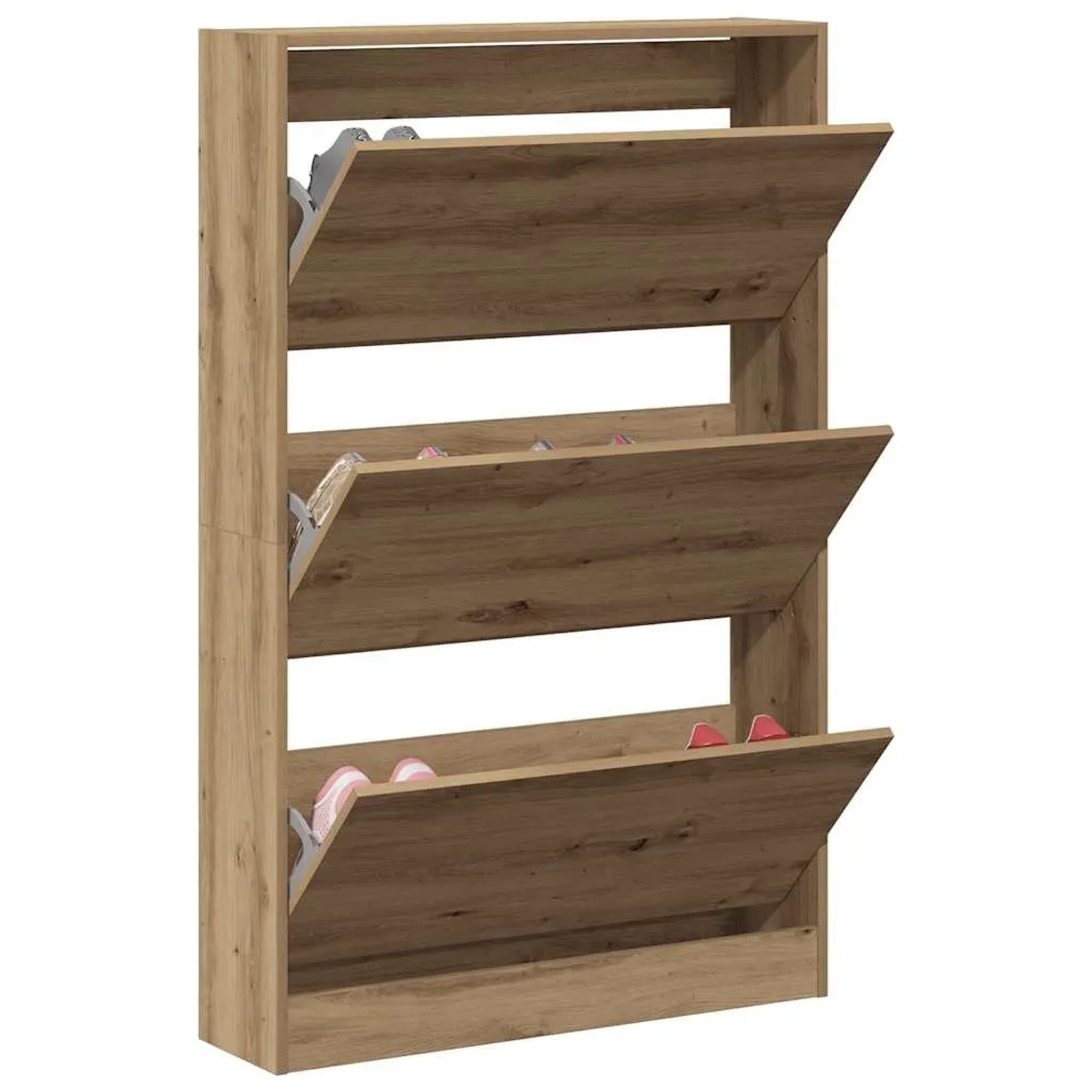 Schuhschrank Eiche handwerklich aus Holzwerkstoff mit 3 Kippfächern. Moderner Schuhschrank für organisierten Stauraum.