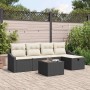 Schwarzes 6-tlg. Garten-Sofa-Set aus Poly Rattan mit Kissen und Tisch für den Außenbereich.