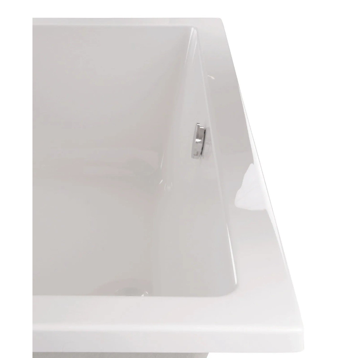 Detailaufnahme der weißen Calmwaters Duo-Badewanne Modern Square, 200x90 cm, mit Ablaufgarnitur.