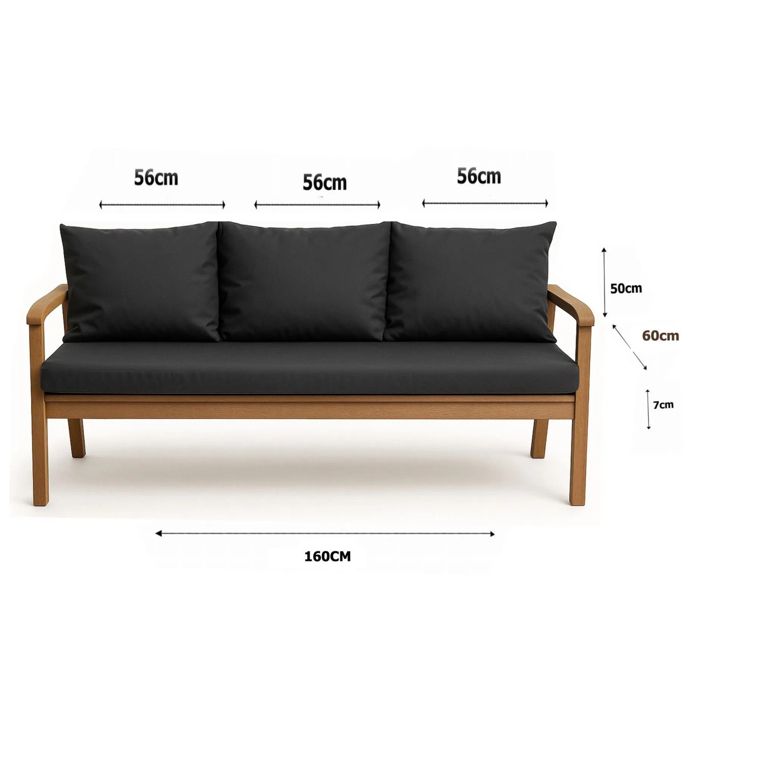 Anthrazitfarbenes Setgarden Bankkissen-Set für 3-Sitzer Gartenbänke, 160x60 cm + 3 Rückenkissen.