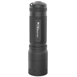 Schwarze Ledlenser TT Taschenlampe (280 lm) mit griffiger Oberfläche für den Einsatz im Dunkeln.