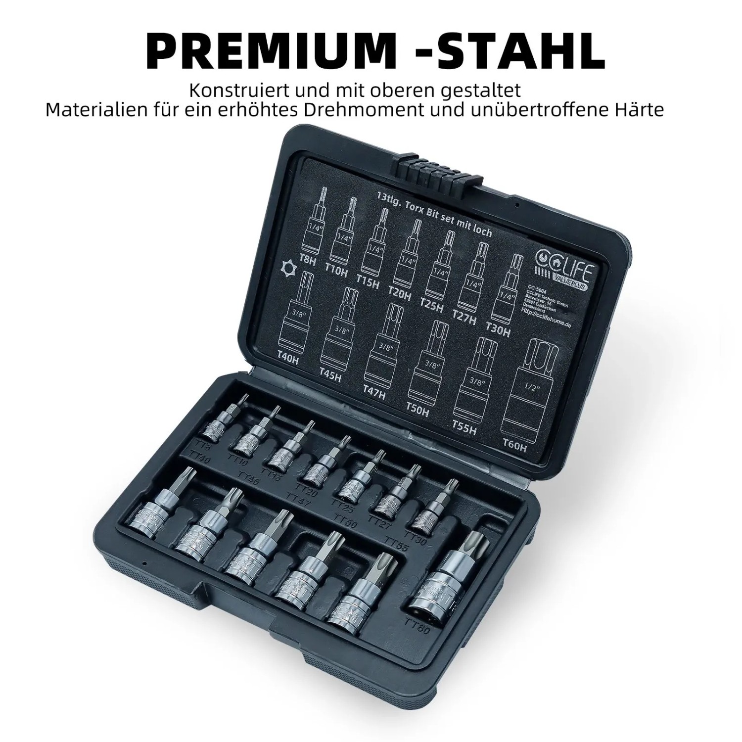 CCLIFE 13-teiliges Torx Bit Set im Koffer: T8H bis T60H für Drehmomentschlüssel und Bohrer.