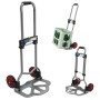 Graue TRUTZHOLM Sackkarre, klappbar und höhenverstellbar, mit 60 kg Traglast, ausgeklappt, gefaltet und in Nutzung.
