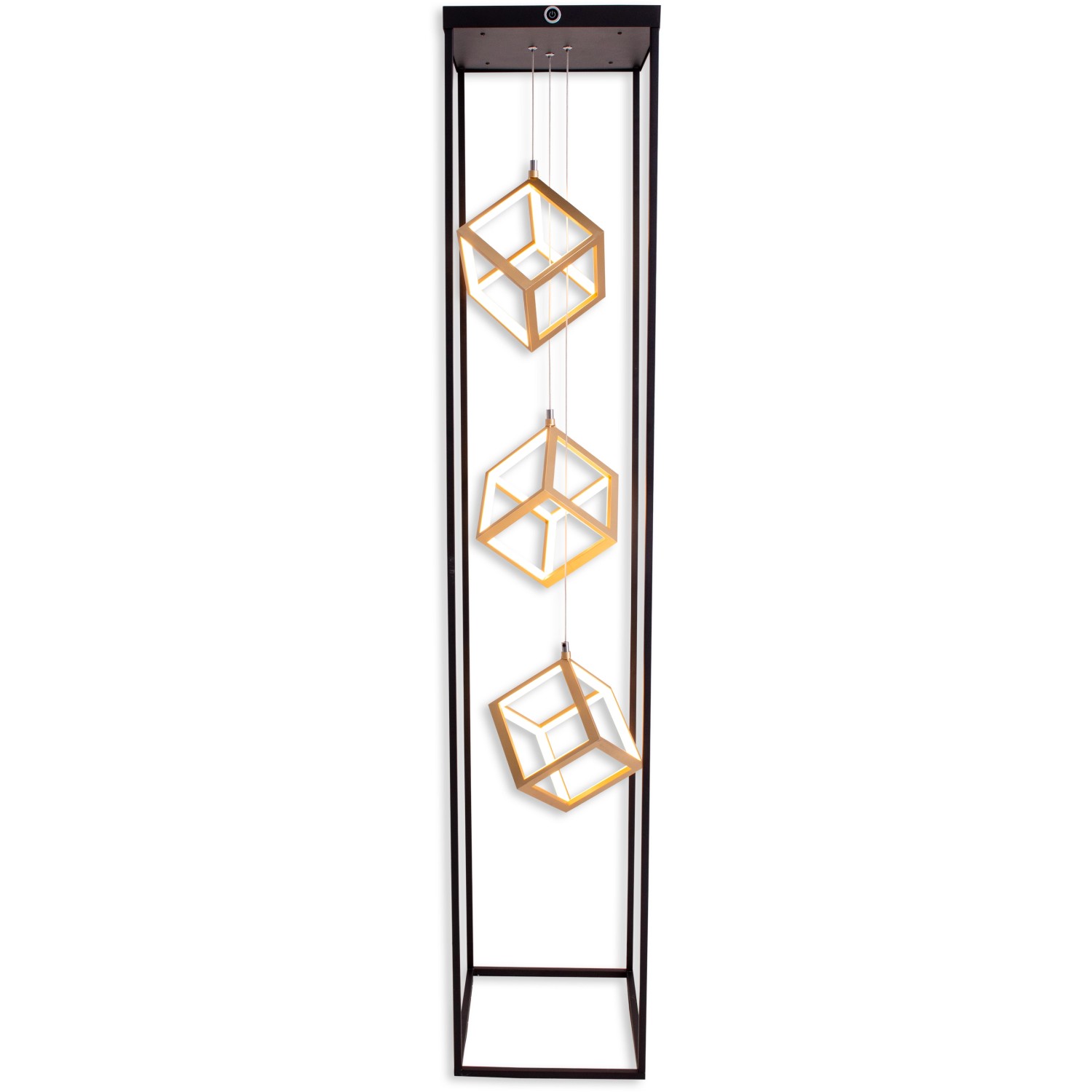 Näve LED-Stehleuchte Tripolis, 140 cm, mit drei goldfarbenen Leuchtwürfeln in schwarzem Rahmen.
