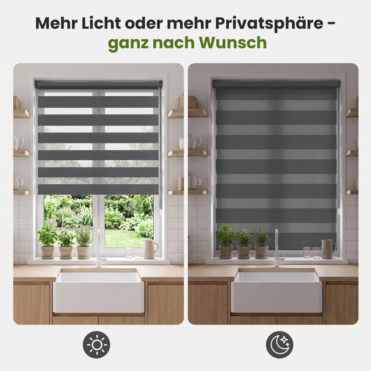 Graues Doppelrollo Klemmfix 90x150cm für Fenster. Regulierbarer Sichtschutz mit Tag- und Nachtfunktion.