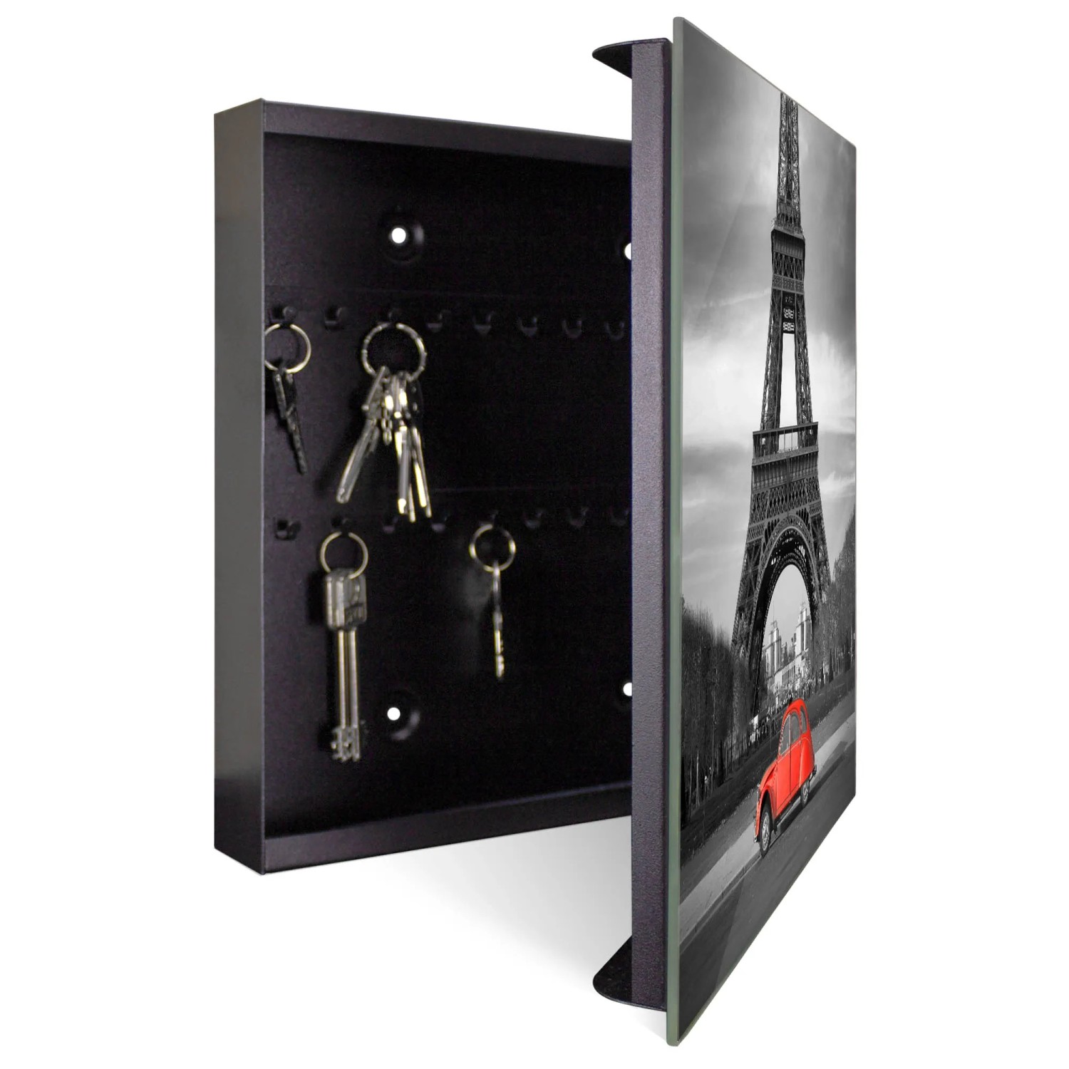 Banjado Schlüsselkasten mit Paris-Motiv, 50 Haken, beschreibbare Glastür, Magnettafel.