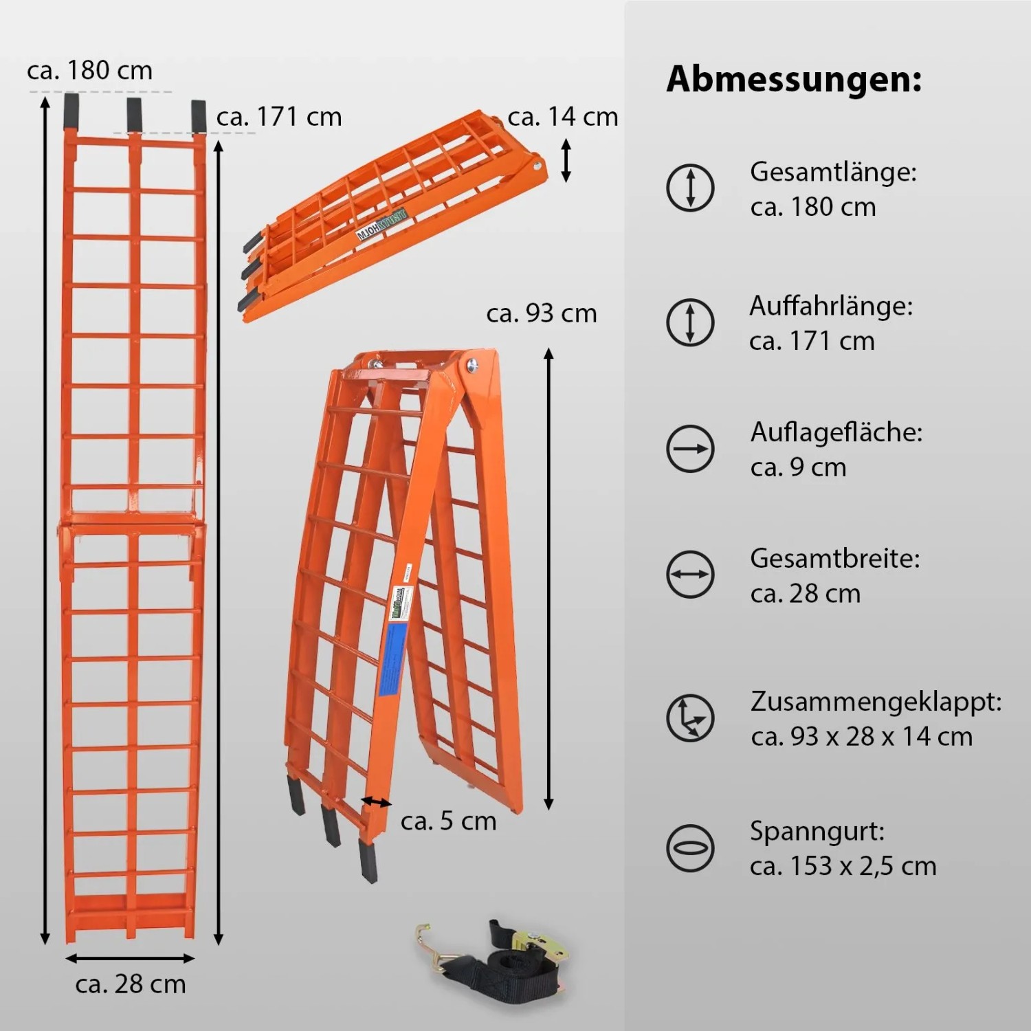 Klappbare, orange TRUTZHOLM Auffahrrampe aus Aluminium, 180 cm lang, für Autoanhänger und bis 340 kg belastbar.