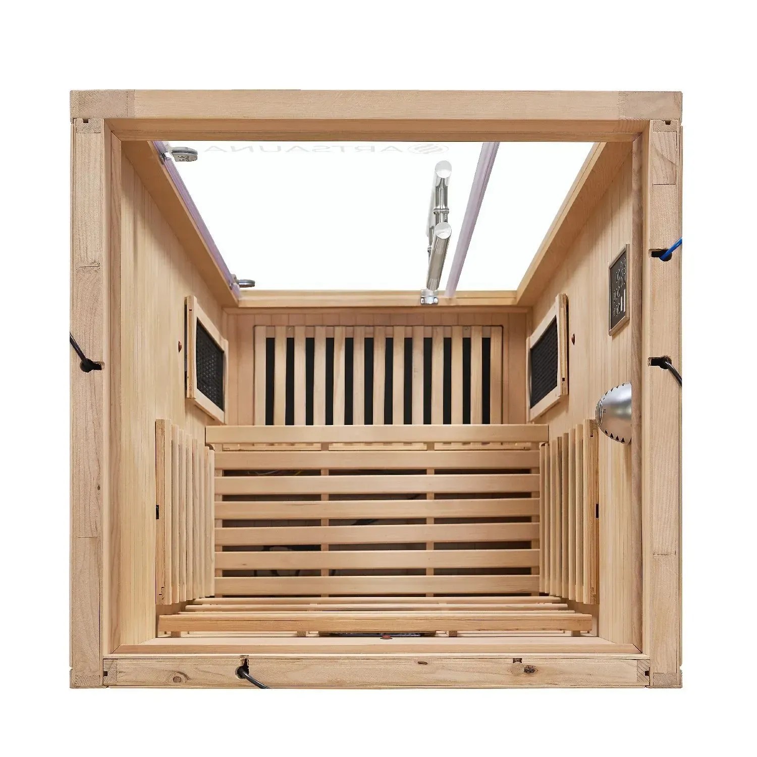 Artsauna Infrarotkabine Kiruna90 aus Hemlockholz mit Sitzbank und Dual Technologie.